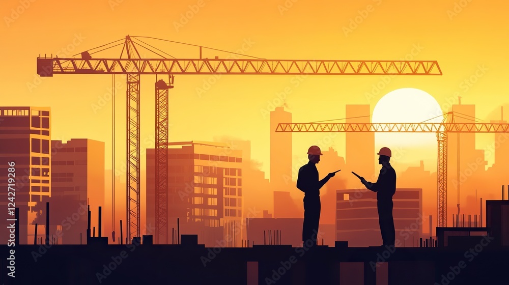 An architect and a construction manager discussing plans on a building site, with cranes in the background. An architect and a construction manager discussing plans on a building site, with cranes in the background.