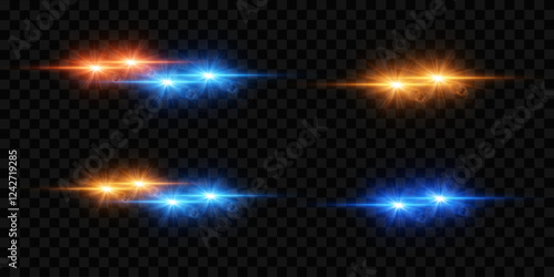 Collection of light effects and glare, light flash of stars. On a transparent background.