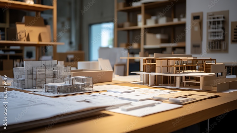 An architectural office filled with blueprints, models, and design materials, showcasing a project in progress. An architectural office filled with blueprints, models, and design materials, showcasing a project in progress.