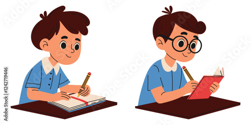 Set of young school boys do homework. Education concept. Hand drawn style