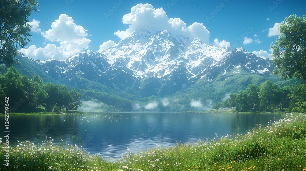 Serene Mountain Lake: A breathtaking panoramic view of a crystal-clear lake nestled amidst lush greenery, with majestic snow-capped mountains rising in the background under a vibrant blue sky. Serene Mountain Lake: A breathtaking panoramic view of a crystal-clear lake nestled amidst lush greenery, with majestic snow-capped mountains rising in the background under a vibrant blue sky.