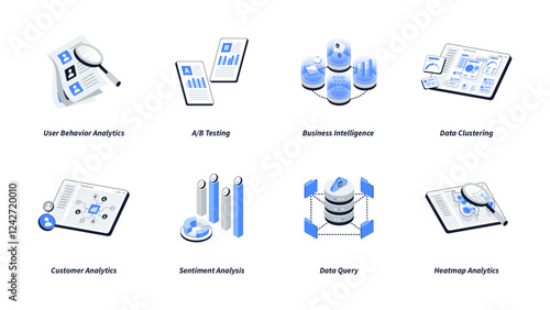 Data analytics isometric icon set. Containing User Behavior Analytics, Data Query, Business Intelligence, Data Clustering, Customer Analytics, Sentiment Analysis, A/B Testing and Heatmap Analytics.