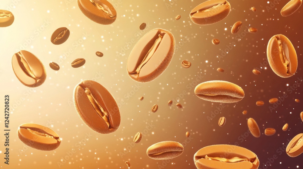 Obraz premium Coffee Beans Flying in a Golden Aura with Sparkling Background