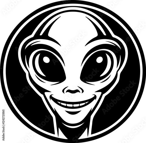 Illustration of a head of alien. Alien head. UFO. Cryptozoology. Design element for logo, label, sign, poster, card. Vector illustration