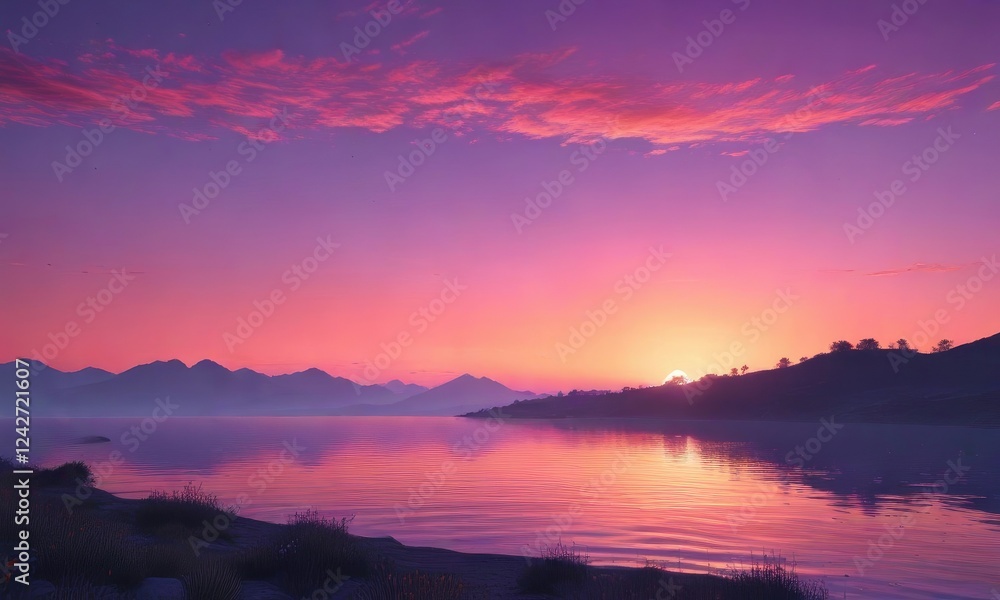 Obraz premium Vibrant hues of orange and pink fade into soft purples and blues as the sun dips below the horizon, nature, glowing