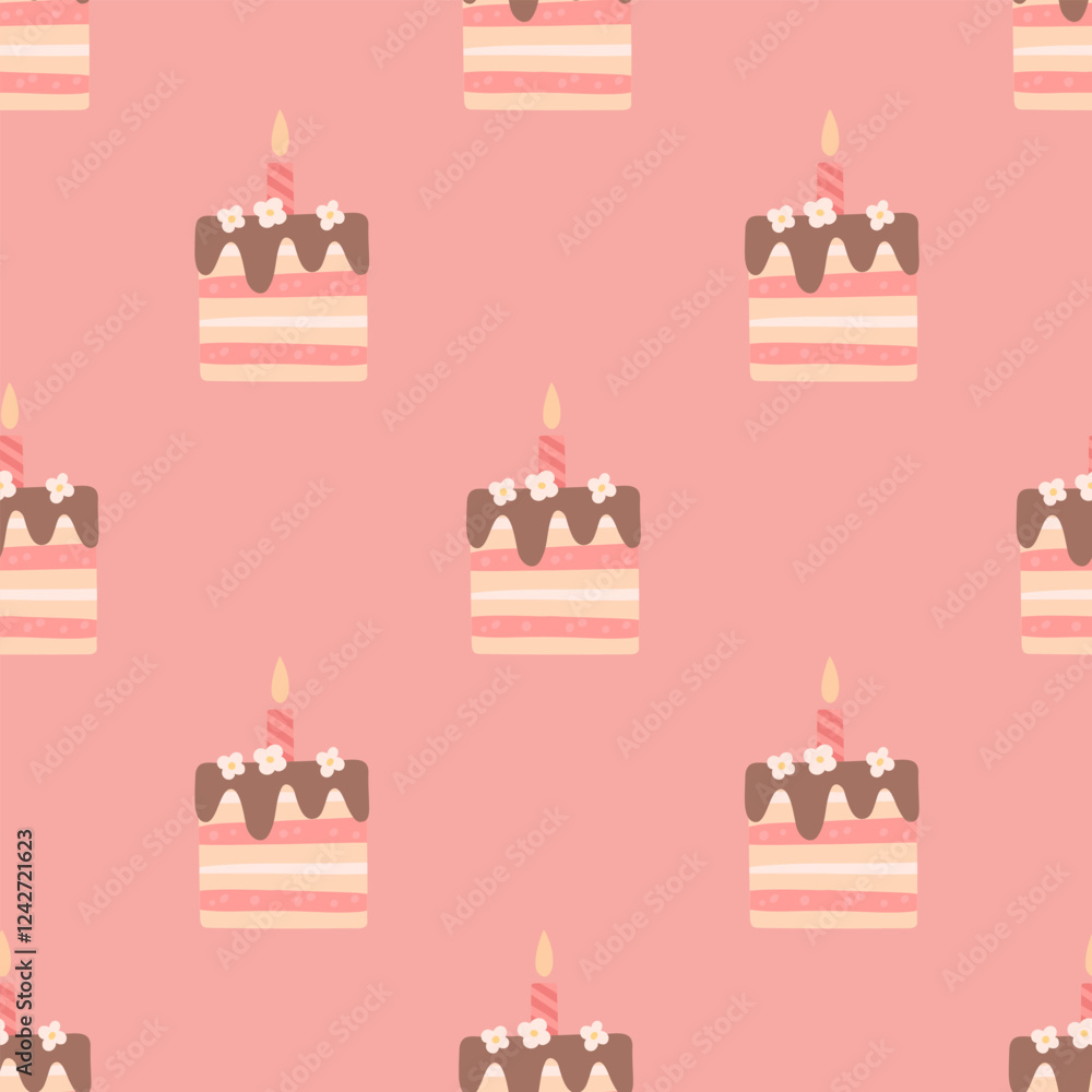 Birthday pattern. Beautiful vector seamless texture. Birthday cakes with candles on pink background. Template for wrapping paper Birthday pattern. Beautiful vector seamless texture. Birthday cakes with candles on pink background. Template for wrapping paper