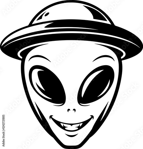 Illustration of a head of alien. Alien head. UFO. Cryptozoology. Design element for logo, label, sign, poster, card. Vector illustration