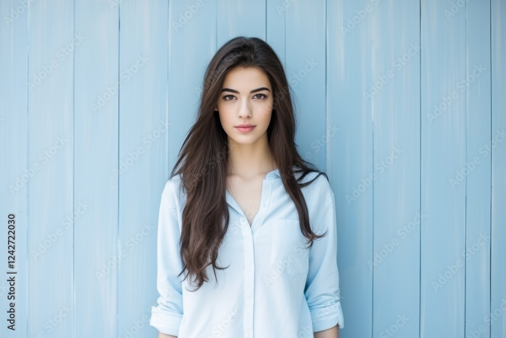 A woman with long hair is standing in front of a blue wall A woman with long hair is standing in front of a blue wall