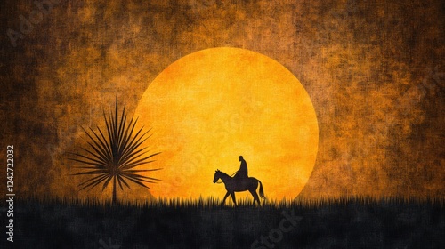 Palm Sunday: Christ's Triumphal Entry into Jerusalem - Silhouette of Man Riding Donkey on Palm Tree Background - Watercolor Illustration