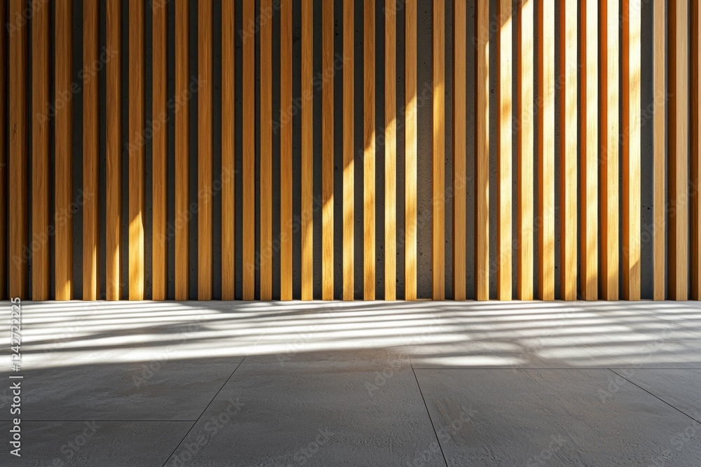 A close-up of vertical wooden slats in an outdoor building wall, illuminated by the morning sun casting long shadows on the concrete floor. A close-up of vertical wooden slats in an outdoor building wall, illuminated by the morning sun casting long shadows on the concrete floor.