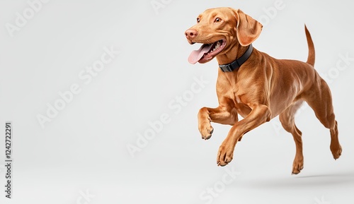 Reddish Brown Dog Joyfully Leaping Against Gray Background
