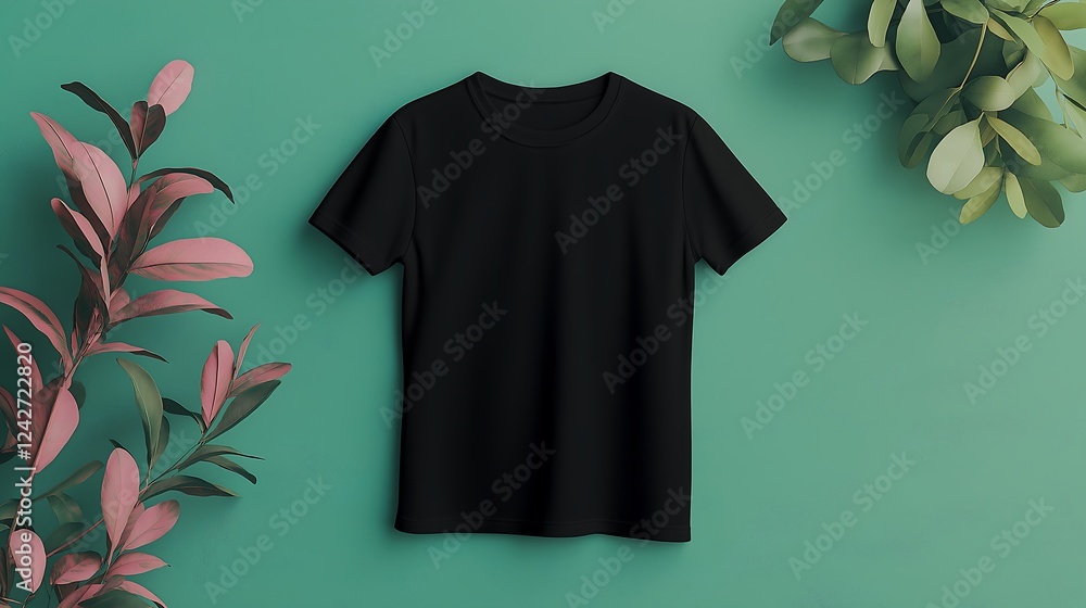 Blank black t-shirt displayed in a minimalist setting with green backdrop and foliage accents Blank black t-shirt displayed in a minimalist setting with green backdrop and foliage accents