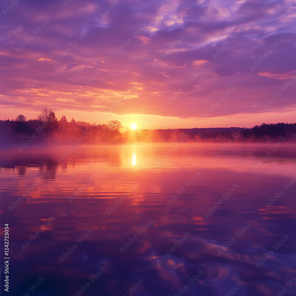 Magnificent Sunrise Over Serene Lake with Misty Reflections and Silhouetted Trees Magnificent Sunrise Over Serene Lake with Misty Reflections and Silhouetted Trees