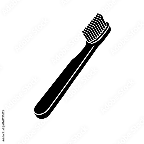 Simple Toothbrush Icon: A minimalist black silhouette of a toothbrush, perfect for dental hygiene related projects and presentations. Clean lines and sharp contrast for easy readability.