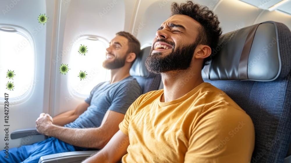 Fototapeta premium Traveler Enjoying a Comfortable Airplane Seat While Sitting Next to Smiling Passenger, Captured in Aircraft Interior with Clear Window View and Cabin Atmosphere