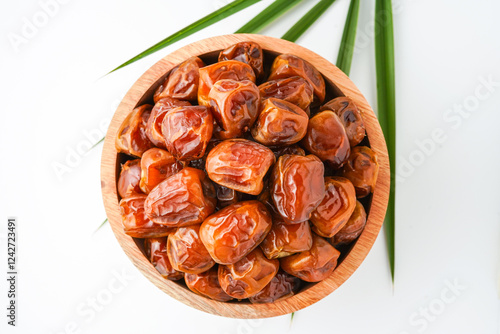 Dates fruit sukari or kurma sukari, in wooden bowl isolated on white background photo