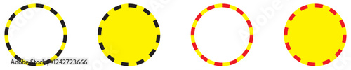 Warning stripes frame vector. Warning circle frame with yellow black tape. Barricade lines. Yellow and black striped circular warning sign, safety hazard caution symbol, construction zone danger.