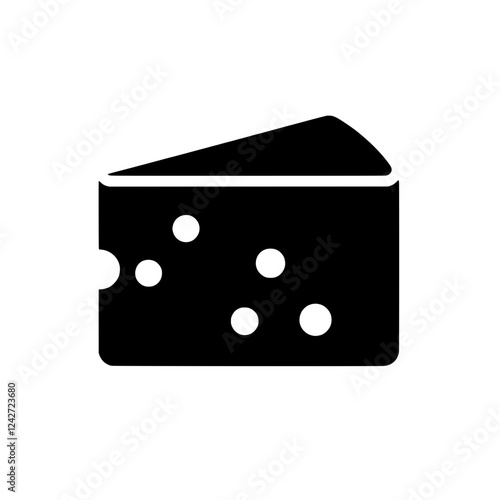 Cheese Icon: A simple and bold black silhouette icon of a cheese wedge with holes. Perfect for minimalist designs or food-related branding.