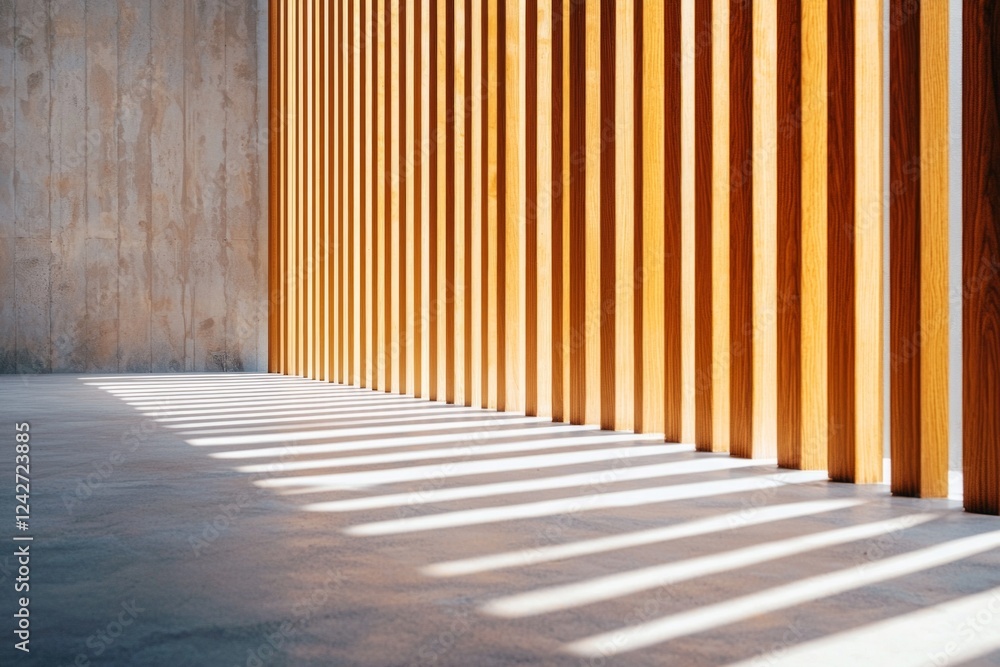 Fototapeta premium A close-up of vertical wooden slats in an outdoor building wall, illuminated by the morning sun casting long shadows on the concrete floor. 