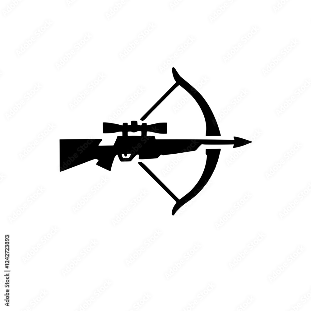 Bow and Arrow with Scope Icon: A striking black and white icon depicting a bow and arrow combined with a rifle equipped with a scope. Bow and Arrow with Scope Icon: A striking black and white icon depicting a bow and arrow combined with a rifle equipped with a scope.