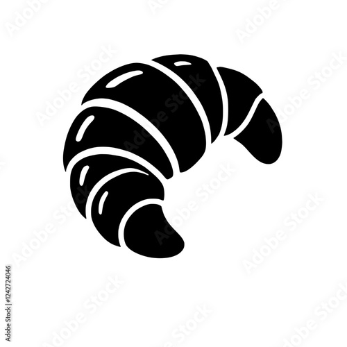 Croissant Icon: A simple and stylish black and white silhouette icon of a croissant. The crescent shape of the croissant is perfectly captured, perfect for use in bakery menus, cafe branding.