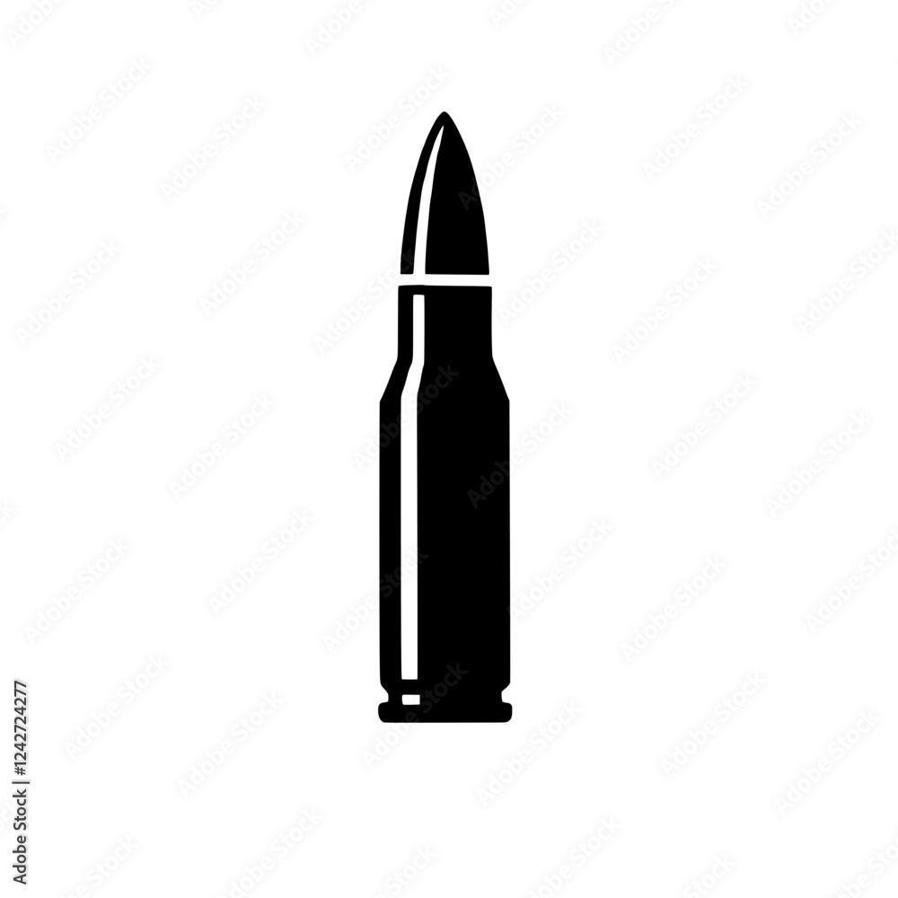 Bullet Icon: A stark black silhouette of a single bullet cartridge, symbolizing power, danger, or conflict, ideal for various design projects. Bullet Icon: A stark black silhouette of a single bullet cartridge, symbolizing power, danger, or conflict, ideal for various design projects.