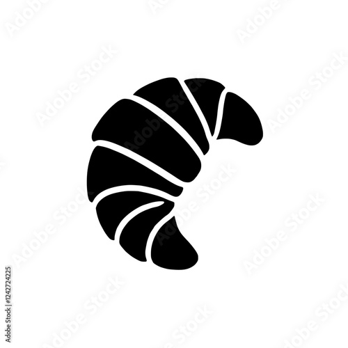 Croissant Icon: A simple yet elegant black and white silhouette of a croissant, perfect for bakery menus, social media posts, or branding materials.  