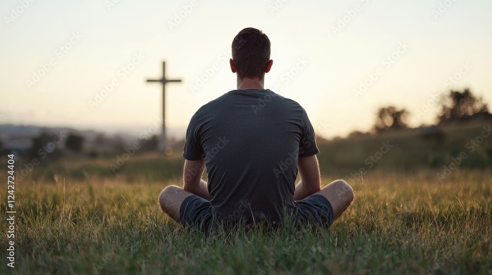 Man meditating, cross sunset, field, peace