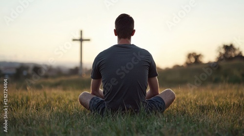 Obraz na płótnie Man meditating, cross sunset, field, peace w salonie