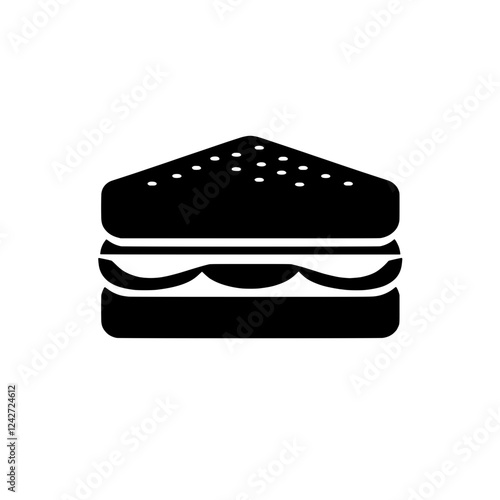 Sandwich Icon: A simple yet striking black sandwich icon, perfect for menus, food blogs, or any project where a classic sandwich graphic is needed.  