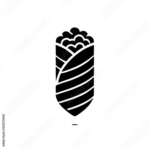 Burrito Icon: A simple, yet bold black and white icon depicting a delicious burrito, perfect for menus, food blogs, or any culinary-themed design.  