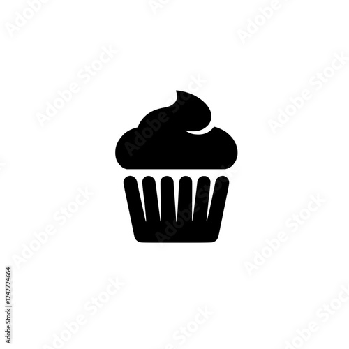 Simple Cupcake Icon: A minimalist black cupcake icon, featuring a single cupcake with swirls of frosting, perfect for bakery logos, websites, or app designs.  