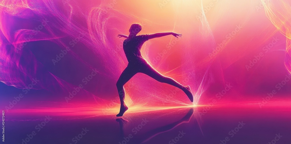 Energetic Dancer Leaps Through Vivid Pink Light Streaks Energetic Dancer Leaps Through Vivid Pink Light Streaks