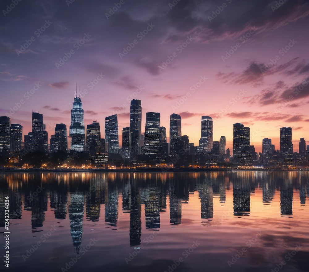 Twilight skyline reflected on glassy waterfront, reflection, skyscrapers, waterfront, glassy Twilight skyline reflected on glassy waterfront, reflection, skyscrapers, waterfront, glassy