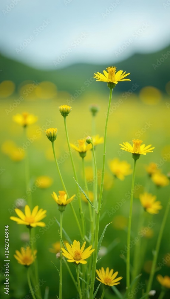 Tall yellow and green wildflowers swaying gently, landscape, wildflowers, yellow Tall yellow and green wildflowers swaying gently, landscape, wildflowers, yellow