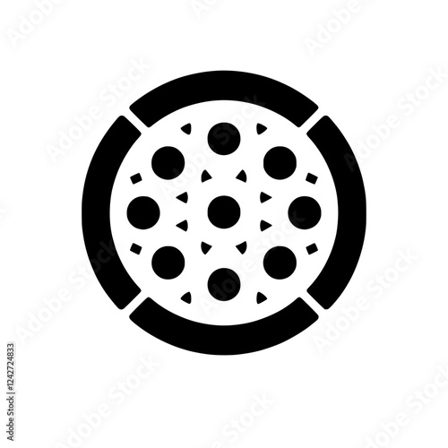 Pizza Icon: A simple yet recognizable black and white icon of a classic pizza, featuring a circular crust with evenly spaced toppings.  Perfect for menus, food blogs.