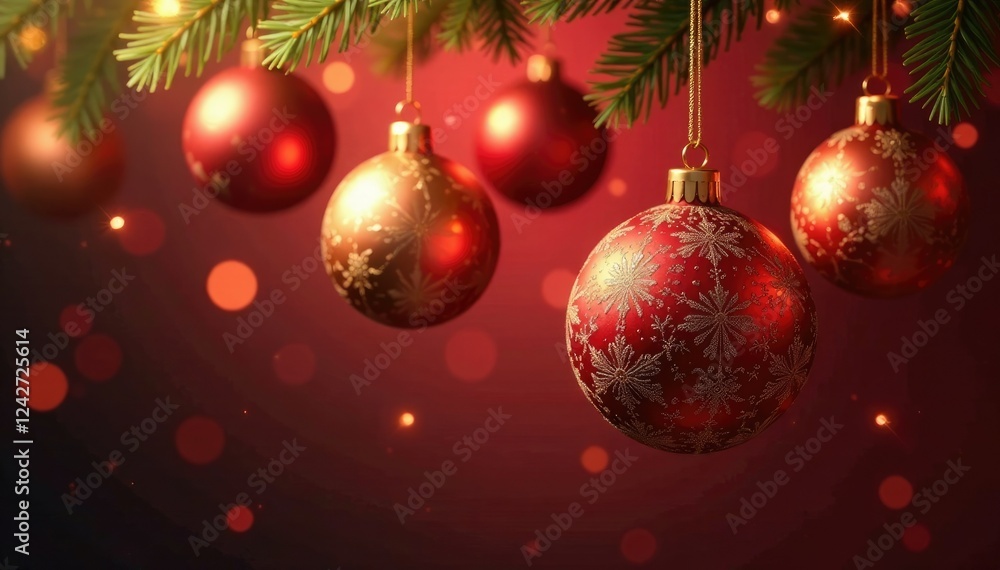 Red and gold ornaments suspended from a string hanging down, ornaments, garland, red and gold Red and gold ornaments suspended from a string hanging down, ornaments, garland, red and gold