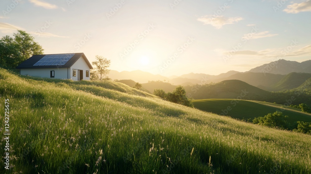 Solar home sunset hillside meadow Solar home sunset hillside meadow