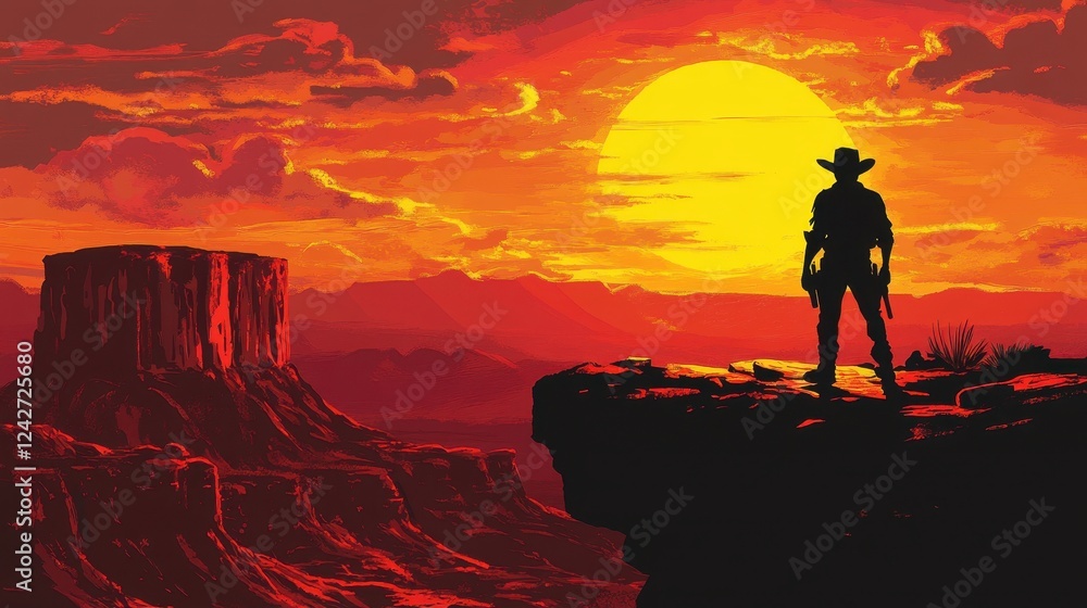Obraz premium Lone Cowboy Silhouette at Sunset Over Canyon Landscape