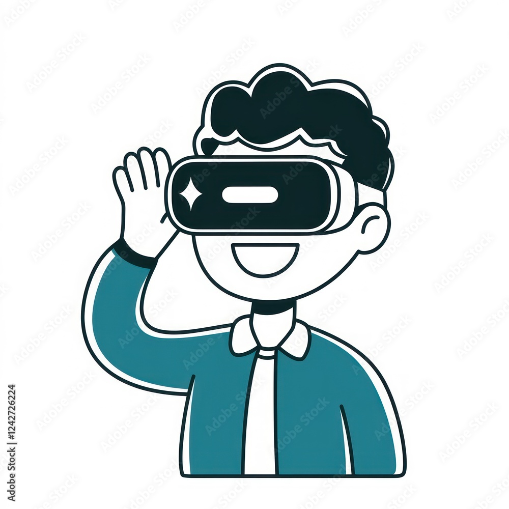 Happy boy wearing VR headset and waving his hand Happy boy wearing VR headset and waving his hand