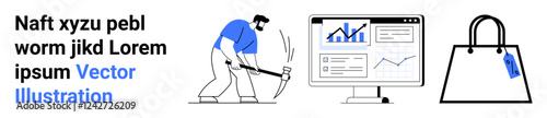Man mining data with a pickaxe, analytics on a computer screen, and a shopping bag with a price tag. Ideal for data mining, e-commerce, digital marketing, fintech, business, market research flat