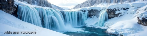 Frozen waterfalls in a snowy mountain landscape, snowfall, snow, rugged