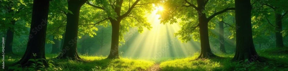 Obraz premium Dappled sunlight filters through leafy canopy, , trees, forest