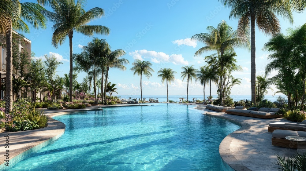 Tropical Paradise Pool: A pristine swimming pool nestled amidst lush palm trees, inviting you to escape to an idyllic tropical paradise. Tropical Paradise Pool: A pristine swimming pool nestled amidst lush palm trees, inviting you to escape to an idyllic tropical paradise.
