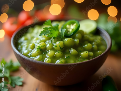 Herbed Green Salsa Perfection: A bowl of herbaceous green salsa, made with tomatillos, cilantro, and jalapeños, is set against a softly blurred bokeh backdrop. photo