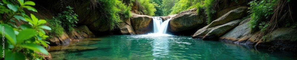 Fototapeta premium Barranco de Azuaje canyon with small waterfall and lush vegetation, waterfall, nature