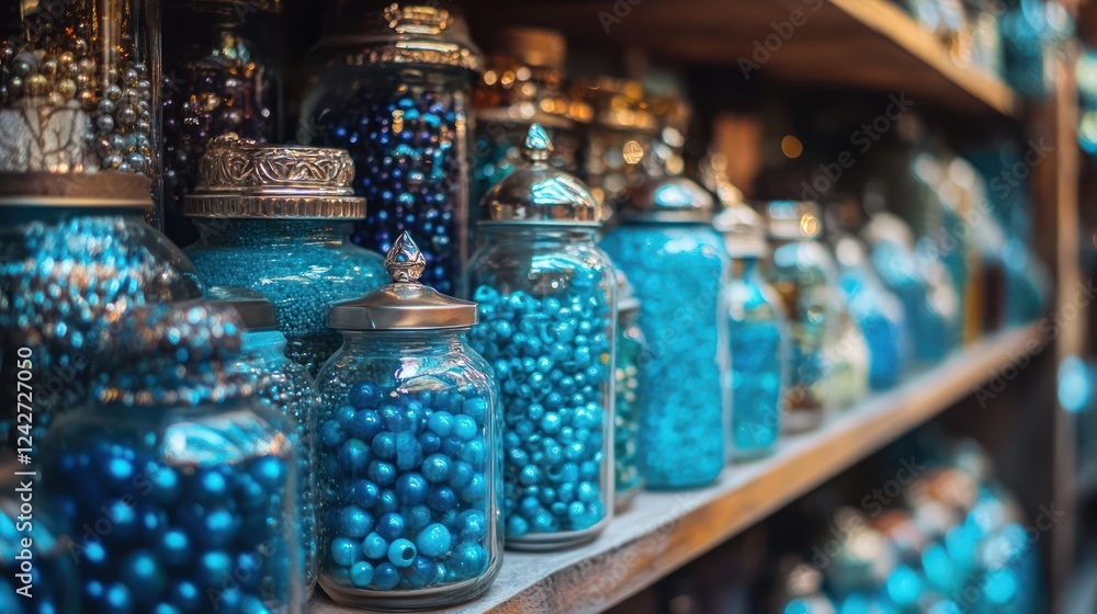 A Colorful Display of Glass Jars Filled with Vibrant Blue Beads in a Market Stall A Colorful Display of Glass Jars Filled with Vibrant Blue Beads in a Market Stall