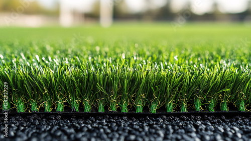 An artificial green grass soccer field featuring black rubber granules infill. photo