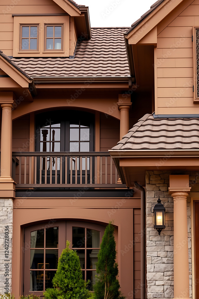 Luxury Home Exterior: Brown Brick and Stone Facade, Elegant Design, Modern Architecture Luxury Home Exterior: Brown Brick and Stone Facade, Elegant Design, Modern Architecture
