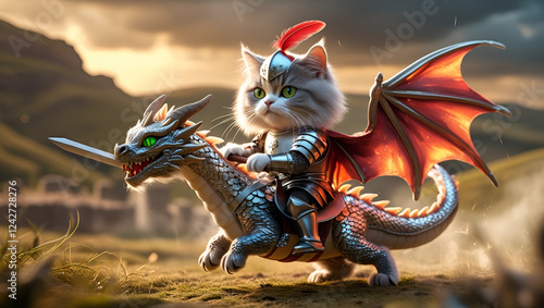 Fantastic cat as a medieval knight, riding a tiny dragon into battle